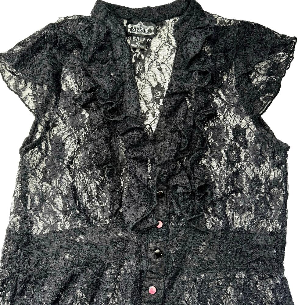 Black Lace Top Med Sheer Ruffles Romantic Goth Y2K Victorian Vampcore Angie